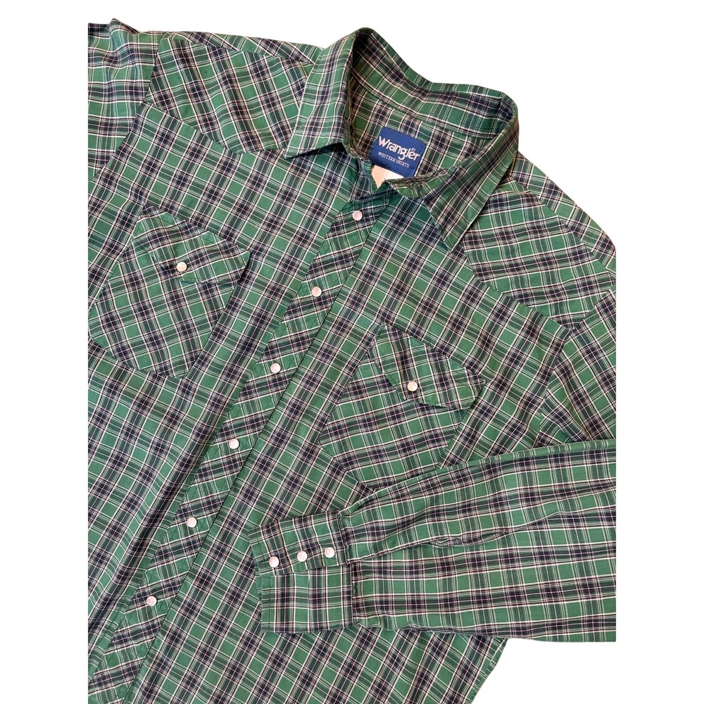 Vintage 80's‎ Wrangler Western Cowboy Shirt Green Plaid Retro Pearl Snap XXL